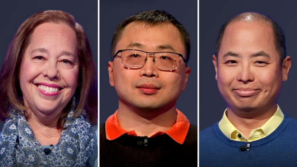 'Jeopardy!' contestants (from left) Auzanne Perla Blank, Jamie Ding, and Ruey Yen, on April 22, 2026