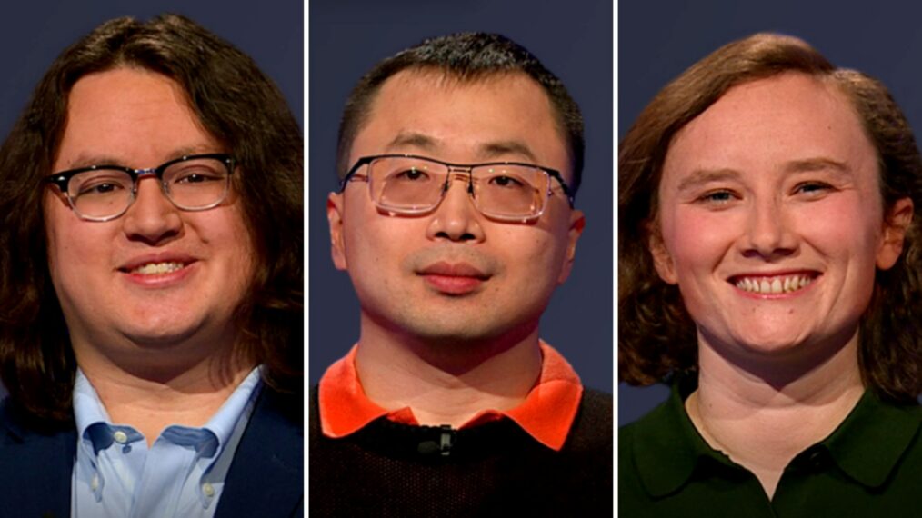 (from left) 'Jeopardy!' contestants Iain Carpenter, Jamie Ding, and Stephanie Rice Hoffner on April 14, 2026