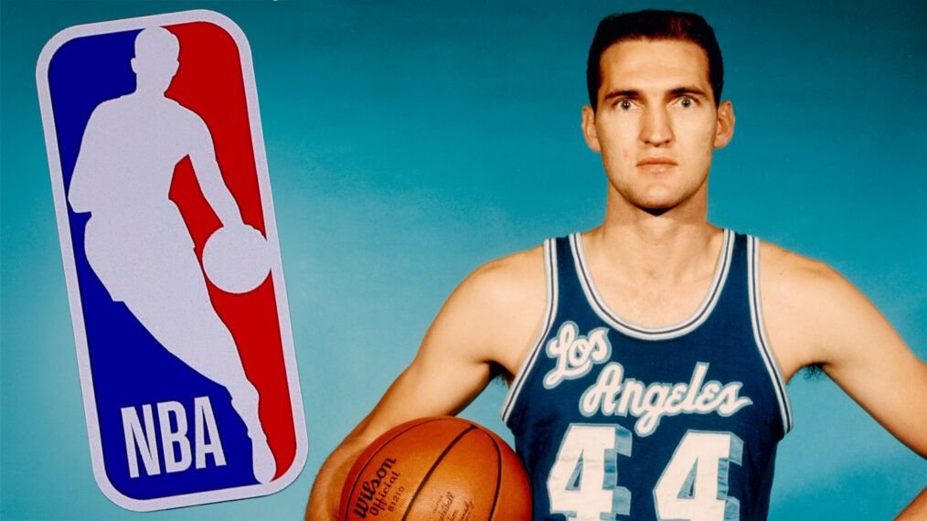 Jerry West of the Los Angeles Lakers, 1960s with NBA logo inset