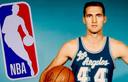 Jerry West of the Los Angeles Lakers, 1960s with NBA logo inset