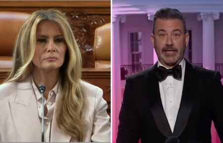 Melanie Trump (left), Jimmy Kimmel (right) on talk show