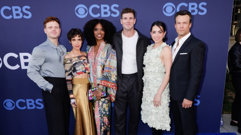 Caleb Foote, Diany Rodriguez, Tyla Abercrumbie, Austin Stowell, Mariel Molino and Kyle Schmid of NCIS: Origins attend the CBSFEST 2026-2027