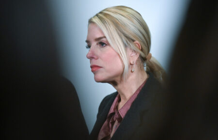 U.S. Attorney General Pam Bondi answers questions from the media at the United States Capitol on March 18, 2026, in Washington, D.C.