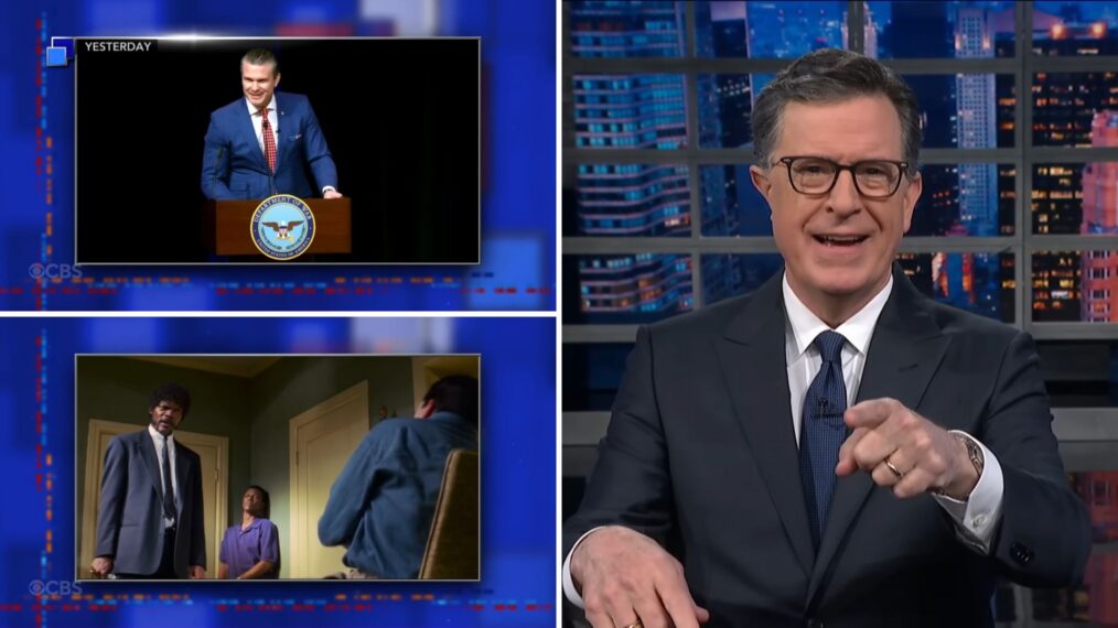 Stephen Colbert comparing Pete Hegseth's Pentagon worship service prayer to Samuel L. Jackson scene in 'Pulp Fiction' on 'The Late Show' on April 16, 2026