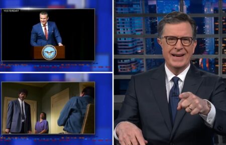 Stephen Colbert comparing Pete Hegseth's Pentagon worship service prayer to Samuel L. Jackson scene in 'Pulp Fiction' on 'The Late Show' on April 16, 2026
