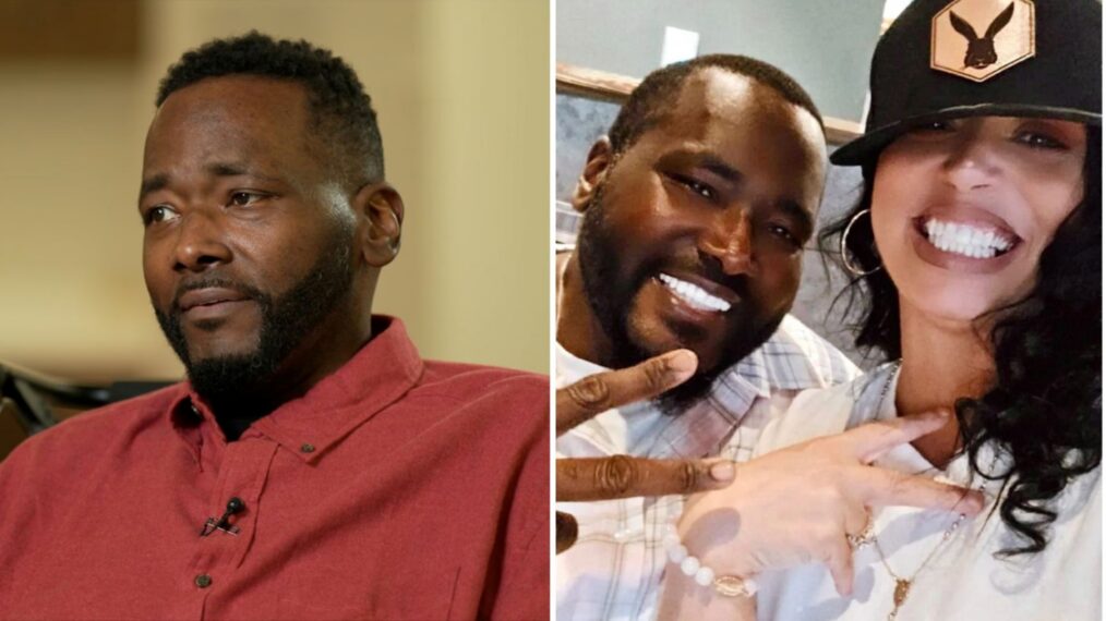 (left) Quinton Aaron on ABC News on April 20, (right) Aaron with his wife, Margarita DeLeon in January 2025