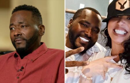 (left) Quinton Aaron on ABC News on April 20, (right) Aaron with his wife, Margarita DeLeon in January 2025