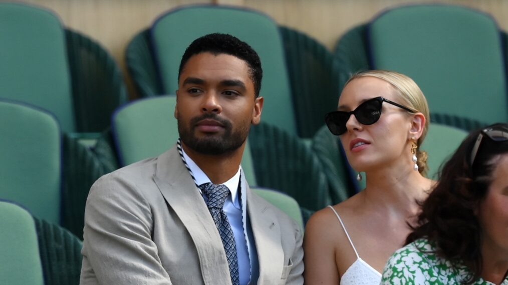 Actor Rege-Jean Page looks on while on Centre Court on day twelve of The Championships Wimbledon 2022 at All England Lawn Tennis and Croquet Club on July 08, 2022 in London, England.