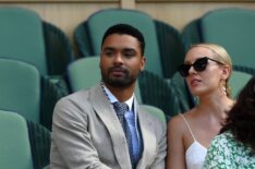 Actor Rege-Jean Page looks on while on Centre Court on day twelve of The Championships Wimbledon 2022 at All England Lawn Tennis and Croquet Club on July 08, 2022 in London, England.