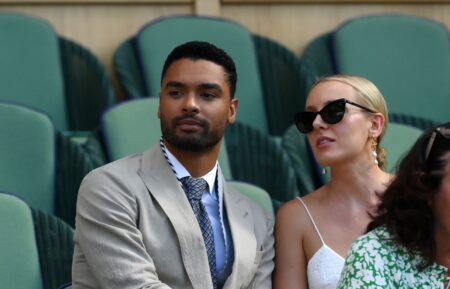 Actor Rege-Jean Page looks on while on Centre Court on day twelve of The Championships Wimbledon 2022 at All England Lawn Tennis and Croquet Club on July 08, 2022 in London, England.