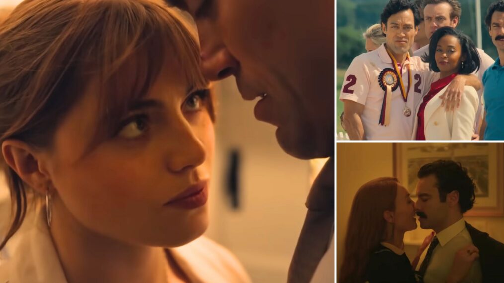 Bella Maclean and Alex Hassell, Nafessa Williams, Aidan Turner, and Victoria Smurfit in 'Rivals' Season 2