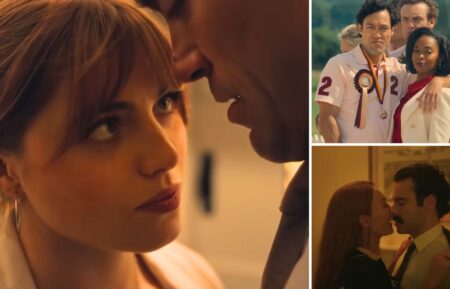 Bella Maclean and Alex Hassell, Nafessa Williams, Aidan Turner, and Victoria Smurfit in 'Rivals' Season 2