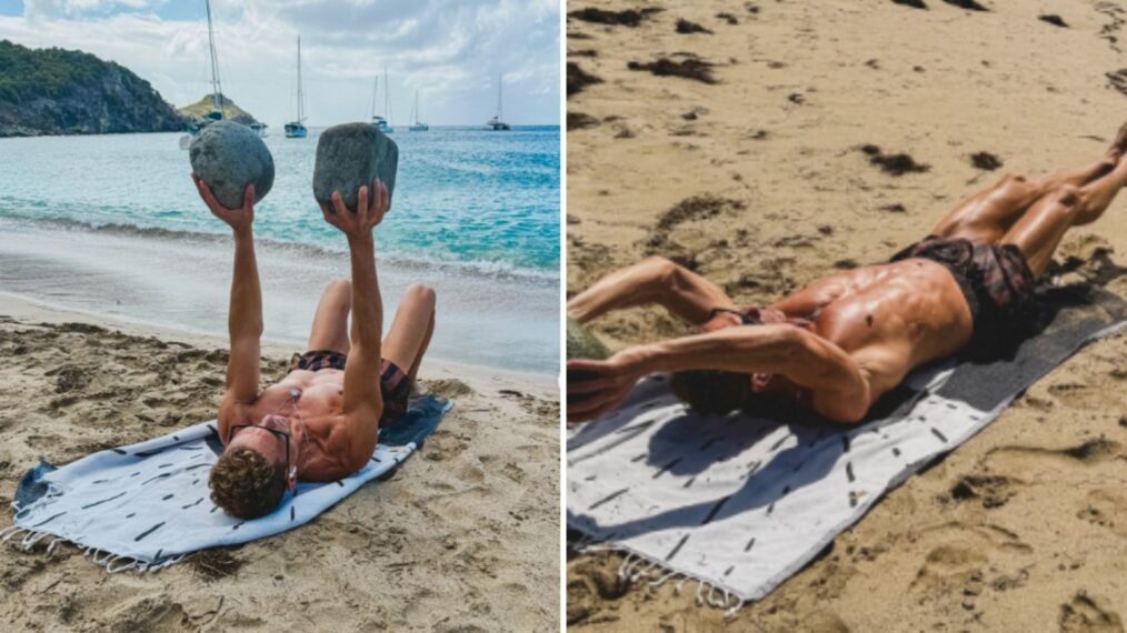 Ryan Seacrest exercising on the beach with rocks on Earth Day