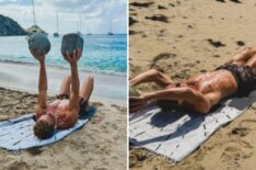 Ryan Seacrest exercising on the beach with rocks on Earth Day