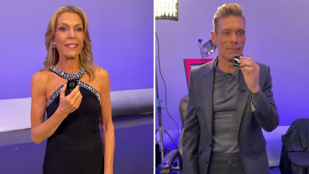 (left) 'Wheel of Fortune' hostess Vanna White, (right) host Ryan Seacrest, on set making sound effects