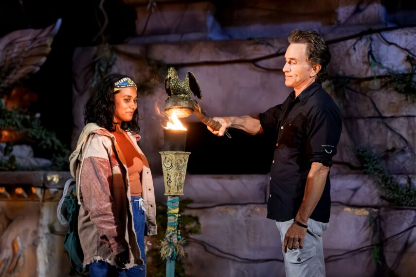 Kamilla Karthigesu and Jeff Probst in 'Survivor 50' Episode 6