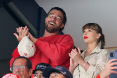 Travis Kelce, left, and Taylor Swift react as the Edmonton Oilers and the Florida Panthers play during the first period in Game Four of the 2025 Stanley Cup Final at Amerant Bank Arena on June 12, 2025 in Sunrise, Florida