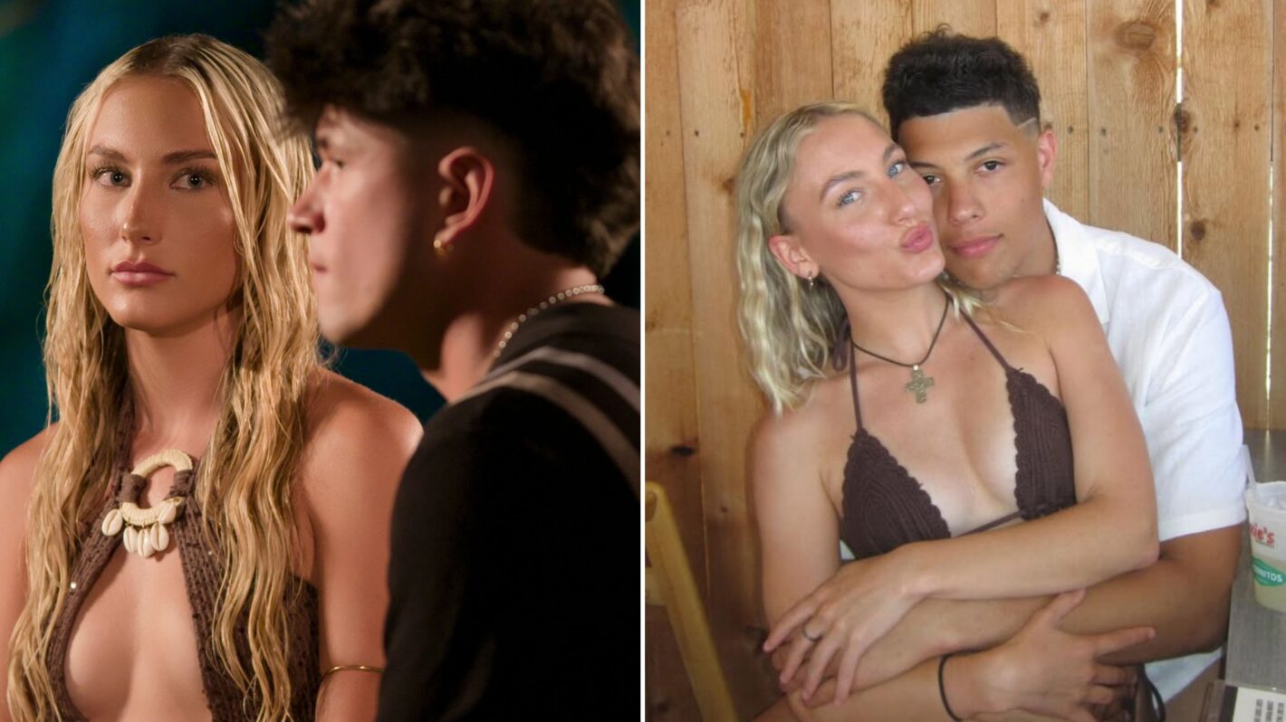 Left: Shyanne and Jack in 'Temptation Island' Season 2. Right: Jackson Mahomes with his arms around Shyanne in an Instagram photo