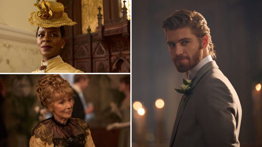 Josette Simon as Ellen Parker Barrington, Danny Griffin as Jolyon Forsyte Jr., and Susan Hampshire as Lady Carteret in 'The Forsytes'
