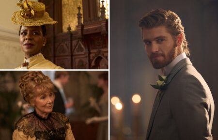 Josette Simon as Ellen Parker Barrington, Danny Griffin as Jolyon Forsyte Jr., and Susan Hampshire as Lady Carteret in 'The Forsytes'
