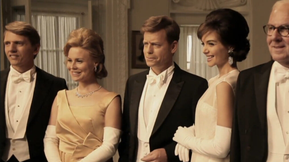 Barry Pepper as Robert F. Kennedy, Kristin Booth Ethel Kennedy, Greg Kinnear as John F. Kennedy, Katie Holmes as Jacqueline Kennedy, and Tom Wilkinson as Joseph P. Kennedy Sr. in 'The Kennedys'