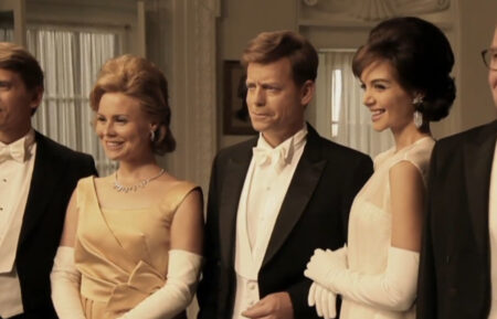 Barry Pepper as Robert F. Kennedy, Kristin Booth Ethel Kennedy, Greg Kinnear as John F. Kennedy, Katie Holmes as Jacqueline Kennedy, and Tom Wilkinson as Joseph P. Kennedy Sr. in 'The Kennedys'