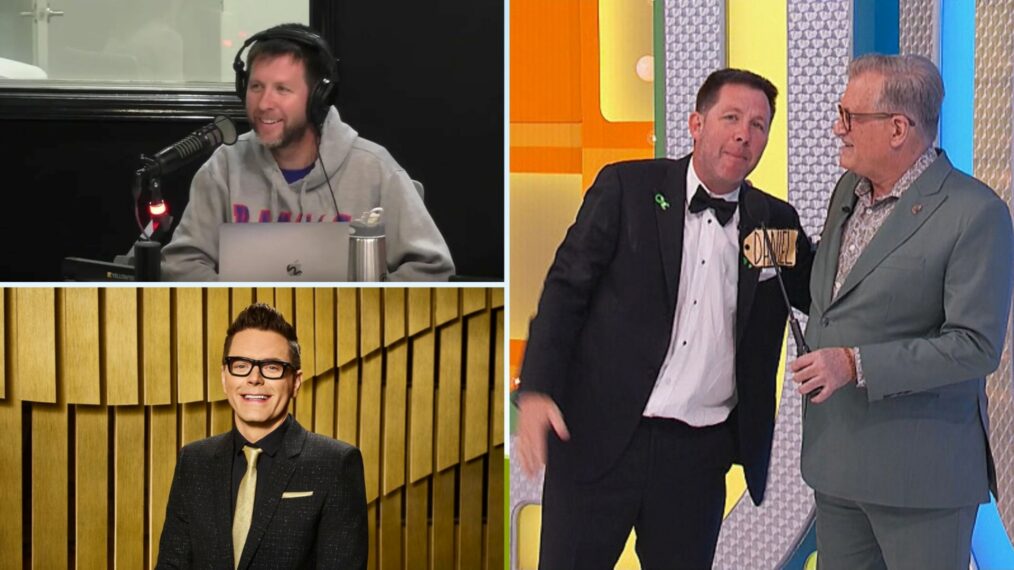 (left, top) Dan "Lunchbox" Chappell on The Bobby Bones Show, (left, bottom) Bobby Bone on "American Idol," (right) Chappell on "The Price Is Right" on March 31, 2026