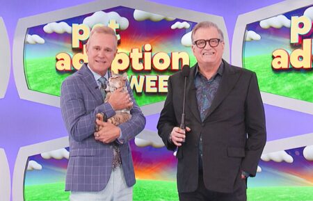 The Price Is Right - Pet Adoption Week on the CBS Television Network and streaming on Paramount+ (live and on-demand for Paramount+ with SHOWTIME subscribers, or on-demand for Paramount+ Essential subscribers the day after the episode airs)*. Pictured: George Gray, Duchess the cat and Drew Carey.