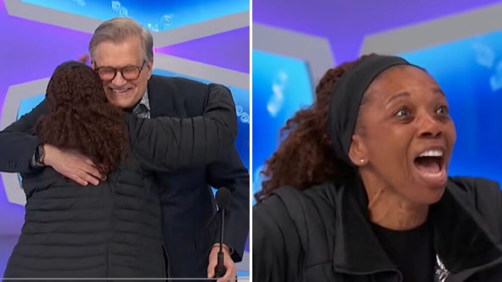'The Price Is Right' contestant Sheile Brown hugging host Drew Carey (left), (right) Brown excited about winning Spain trip