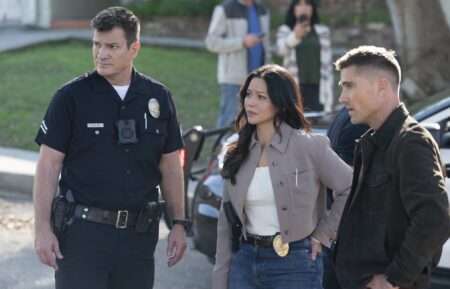 Nathan Fillion as Nolan, Melissa O'Neil as Lucy, and Eric Winter as Tim — 'The Rookie' Season 8 Episode 16 