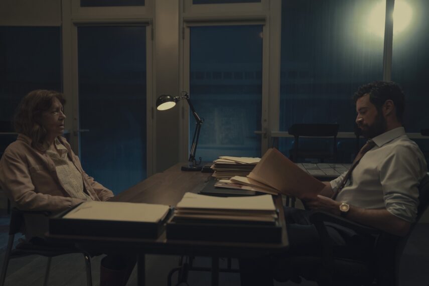 Ann Dowd as Lydia and Charlie Carrick as Commander Judd in 'The Testaments' Season 1 Episode 6