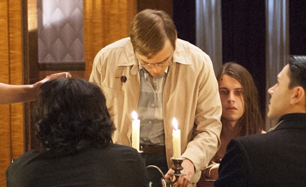 AMERICAN HORROR STORY: HOTEL, l-r: Lily Rabe, Seth Gabel, Harry Hains, Evan Peters, Anthony Ruivivar in 'Devil's Night' (Season 5, Episode 4, aired October 28, 2015). ph: Suzanne Tenner/©FX/courtesy Everett Collection
