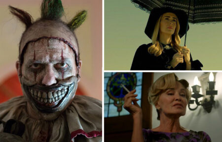 American Horror Story, John Caroll Lynch as Twisty the Clown, Sarah Paulson as Cordelia Goode, and Jessica Lange as Constange Langdon