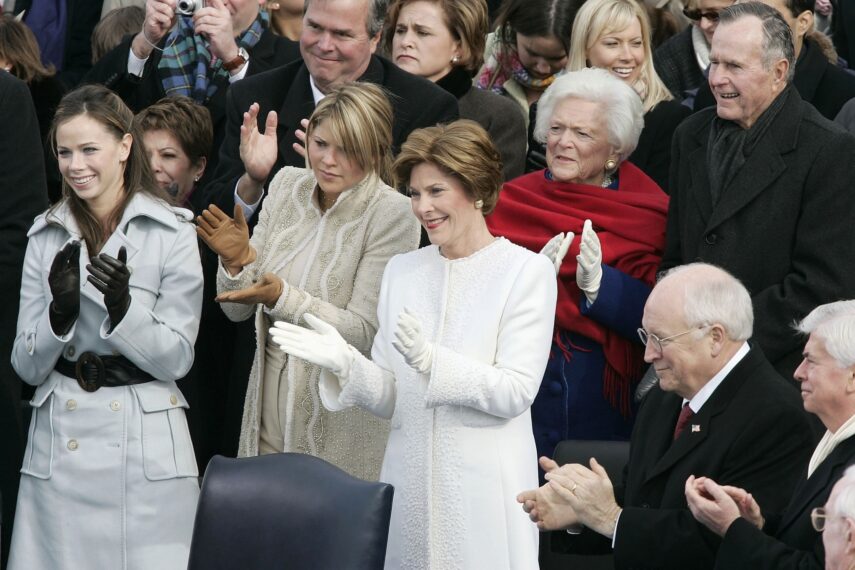 Barbara Pierce Bush, Jenna Bush Hager, Laura Bush, Barbara Bush, and George H.W. Bush at President George W. Bush inauguration, January 20, 2005.