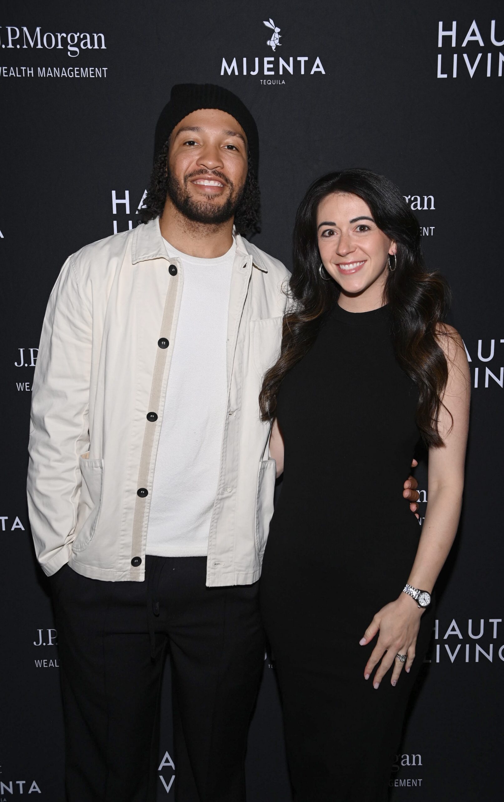 Jalen Brunson (L) and Ali Marks attend Haute Living Jalen Brunson Cover Celebration with JP Morgan Wealth Management and Mijenta Tequila at Avra Rockefeller on October 26, 2024 in New York City.