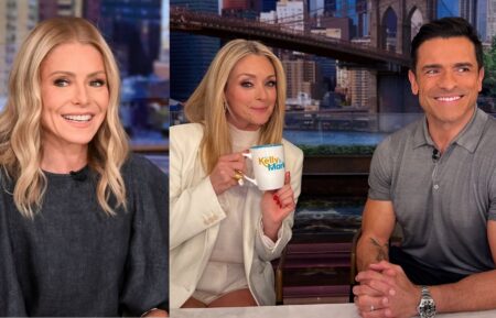 Kelly Ripa on the June 9, 2025, episode of 'Live With Kelly and Mark'; Jane Krakowski and Mark Consuelos on the May 7, 2026, episode of 'Live With Kelly and Mark.'