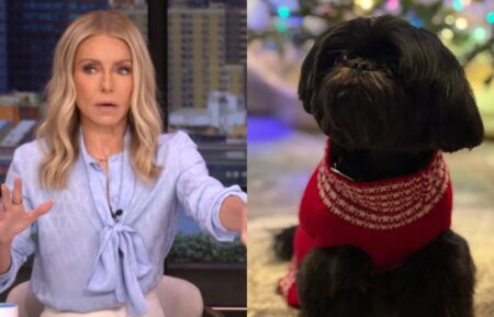 Kelly Ripa on the May 26, 2026, episode of 'Live With Kelly and Mark'; Kelly Ripa and Mark Consuelos' dog, Lena, Instagram, December 14, 2023.