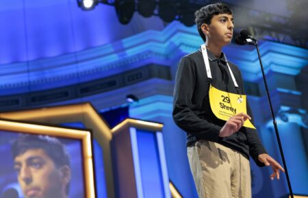 WASHINGTON, DC - MAY 28: Speller Shrey Parikh, 14, correctly spells a word in the Final round of the Scripps National Spelling Bee at Constitution Hall on May 28, 2026 in Washington, DC. A total of 247 spellers, ranging in age from 9 to 15, are competing throughout the week in the 2026 Scripps National Spelling Bee. (Photo by Heather Diehl/Getty Images)