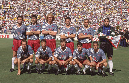 Soccer: FIFA World Cup: Portrait of Team USA posing for group photo before Group Stage A match vs Colombia at Rose Bowl Stadium. (L-R Top) Eric Wynalda (11), Marcelo Balboa (17), Alexi Lalas (22), Mike Sorber (16), Earnie Stewart (8), and goalie Tony Meola (1). (L-R Bottom) Thomas Dooley (5), Fernando Clavijo (21), Paul Caligiuri (20), Tab Ramos (9), and John Harkes (6). Pasadena, CA 6/22/1994