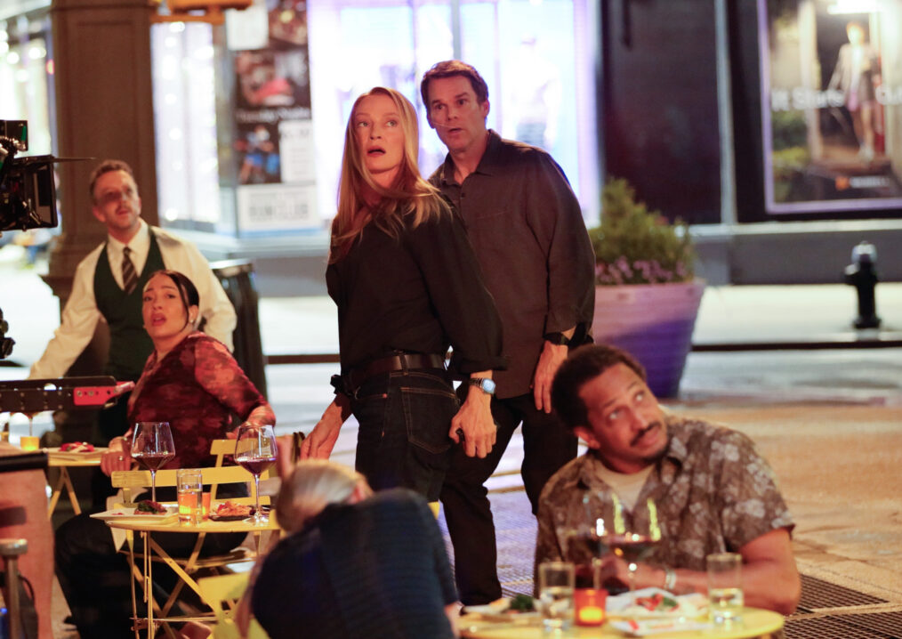 NEW YORK, NY - MAY 19: Uma Thurman and Michael C. Hall are seen on the set of "Dexter : Resurrection" in Downtown, Manhattan on May 19, 2026 in New York City. (Photo by Jose Perez/Bauer-Griffin/GC Images)