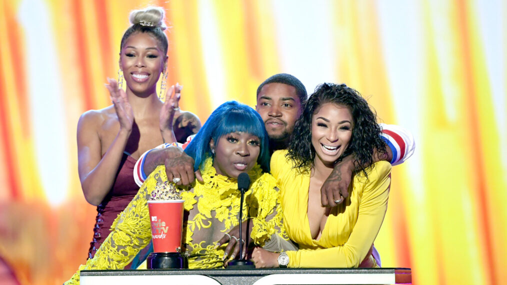 Bambi, Spice, Lil Scrappy, and Karlie Redd accept the Best Reality Royalty award for ‘Love & Hip Hop: Atlanta’ at the 2019 MTV Movie and TV Awards at Barker Hangar on June 15, 2019, in Santa Monica, California