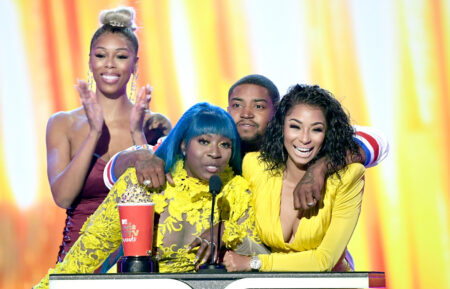 Bambi, Spice, Lil Scrappy, and Karlie Redd accept the Best Reality Royalty award for ‘Love & Hip Hop: Atlanta’ at the 2019 MTV Movie and TV Awards at Barker Hangar on June 15, 2019, in Santa Monica, California