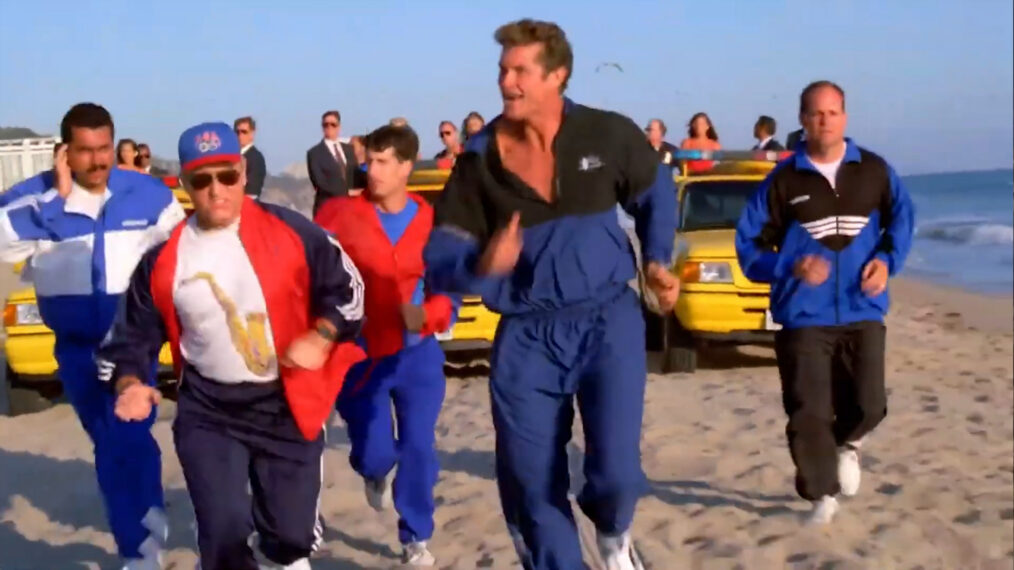 President Bill Clinton (Scott Stevens) and Mitch (David Hasselhoff) on 'Baywatch'