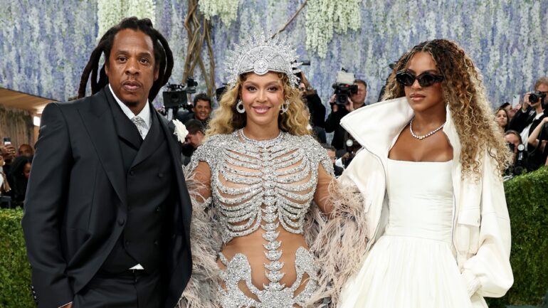 NEW YORK, NEW YORK - MAY 04: (L-R) Jay-Z, Beyoncé and Blue Ivy Carter attend the 2026 Met Gala celebrating "Costume Art" at the Metropolitan Museum of Art on May 04, 2026 in New York City.