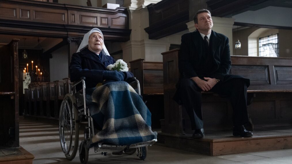 Judy Parfitt as Sister Monica Joan, Chris Reilly as Bernie Mullucks in Call the Midwife