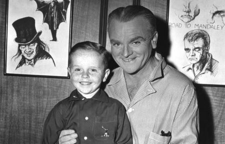 Dennis Rush and James Cagney at an on-set party for 'Man of a Thousand Faces' in 1957