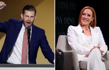 Eric Trump speaks at the Republican National Convention at the Fiserv Forum on July 18, 2024, in Milwaukee, Wisconsin; Jen Psaki speaks during the Jen Psaki in Conversation with Lawrence O’Donnell - Say More: Lessons from Work, the White House, and the World event at 92NY on May 8, 2024, in New York City