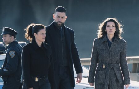 Missy Peregrym as Special Agent Maggie Bell, Zeeko Zaki as Special Agent Omar Adom ‘OA’ Zidan, and Alana De La Garza as Special Agent in Charge Isobel Castille — 'FBI' Season 8 Finale 