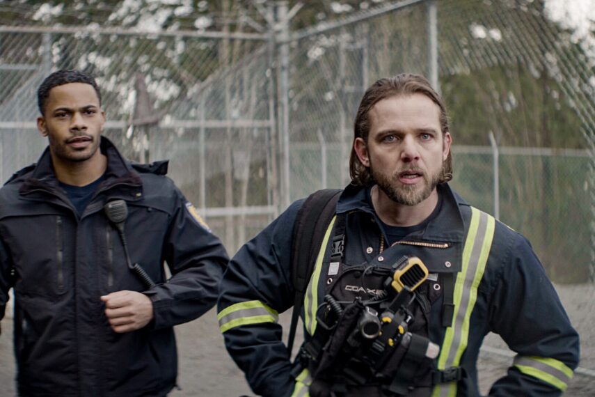 Jordan Calloway as Jake Crawford and Max Thieriot as Bode Leone — 'Fire Country' Season 4 Episode 19 "Rain Check for Tomorrow"