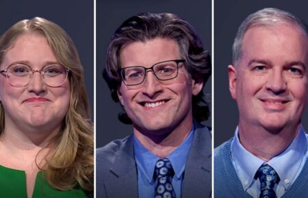 "Jeopardy!" contestants (from left) Mary Morris, Chris D'Angelo, and Jeff Wehymiller, on MAy 22, 2026